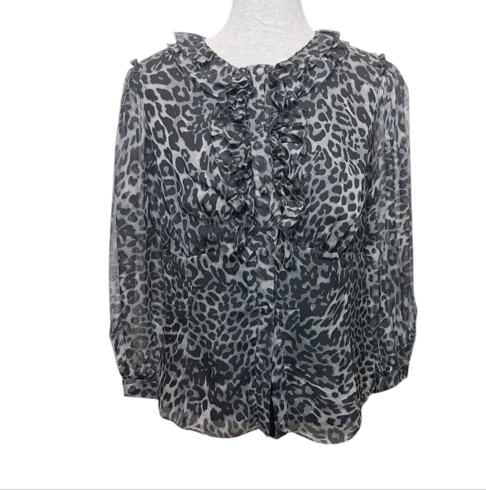 Diane von Furstenberg 100% Silk Ruffle Leopard Blouse - Size 12